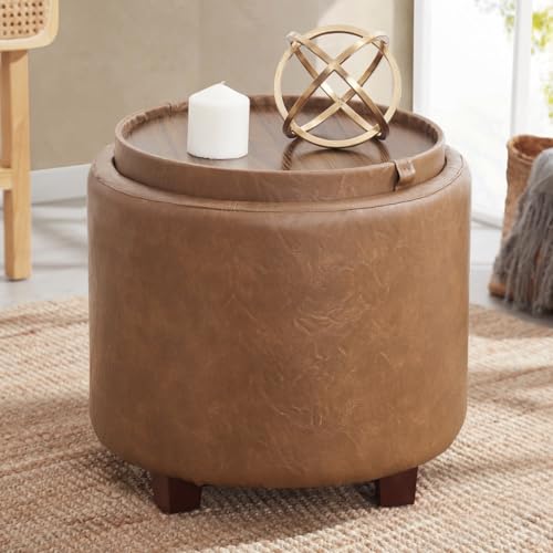 Ornavo Home 17" Round Storage Ottoman with Tray Top, Faux Leather, Mocha | Reversible Tray Lid Flips to Soft Leather Top; Ideal Foot Rest & Extra Seating for Living Room, Bedroom or Office - color: Leather Mocha