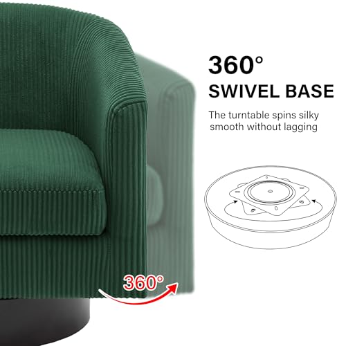 Swivel Barrel Accent Chair, Comfy Reading Armchair, Dark Green, Set of 1 | Club Chairs for Adults, Low-Back Design, Modern Round Style, Solid Wood Frame & Metal Swivel Base, For Living Room & Bedroom - color: Dark Green