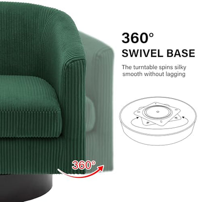 Swivel Barrel Accent Chair, Comfy Reading Armchair, Dark Green, Set of 1 | Club Chairs for Adults, Low-Back Design, Modern Round Style, Solid Wood Frame & Metal Swivel Base, For Living Room & Bedroom - color: Dark Green