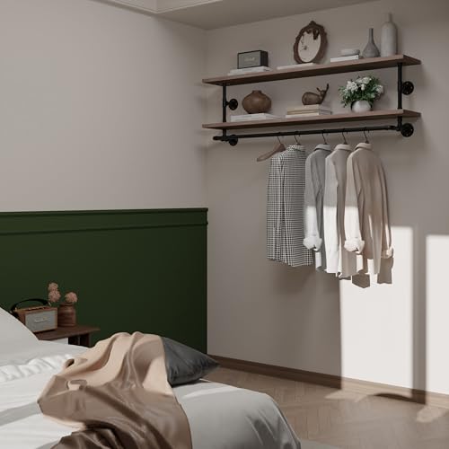 Clothes Rack 60in, 2-Tier Wall Mounted Garment Rack with Real Wood Shelf, Heavy Duty Hanging Clothes Rack, Multi-Purpose Hanging Rod, Space-Saving Closet Storage - color: Brown, size: 2T60IN
