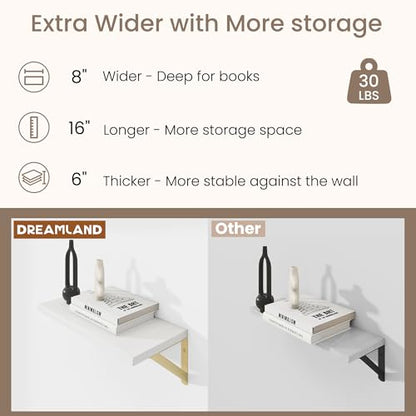 Dreamland Wall Mounted Floating Shelves Set of 2, 16x8, White&Gold | Engineered Wood, Visible Bracket, Large Storage, Hold Up to 30lbs, Living Room, Bathroom, Bedroom, Kitchen - color: White&gold, size: 16"W x 8"D