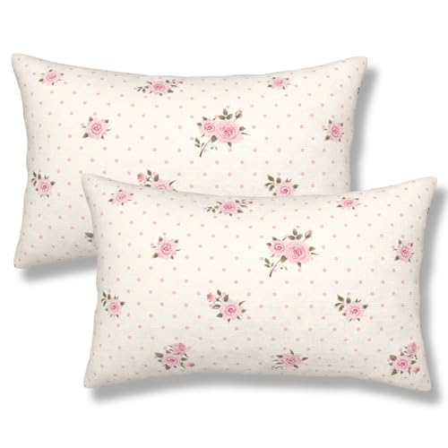 Floral Polka Dot Background Throw Pillow Covers Pink Roses Lumbar Pillow Cover 12x20 Inch Set of 2 Shabby Chic Rose Flowers Pillowcase Rectangle Cushion Cases for Bed Sofa - color: Pink, size: 20" x 12" (Pack of 2)