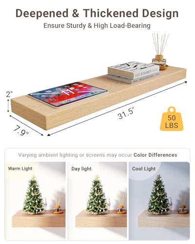 32 inch Long White Oak Floating Shelves for Wall, 8in Deep, Set 2 | 2" Thick Wood Wall Shelf, Heavy Duty Bracket, Bathroom Bedroom Kitchen Living Room, Non-tilting, 50LBS Capacity - color: White Oak, size: 31.5 x 7.9 x 2 (2pc)