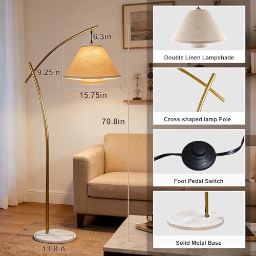 Lightdot Arc Floor Lamp for Living Room, Modern Standing Tall Lamps with Double Linen Lampshade, Tall Hanging Pole Lamp with Bulb Included for Bedroom Sofa Beside/Corner Decor - Gold - color: Linea-Gold