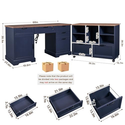 60" Farmhouse Executive Desk with 40" Mobile File Cabinet,L Shaped Desk Set with Charging Station,Office Desk with Storage Drawers,Wood Computer Desk Set for Office Work,Home Study - color: Blue