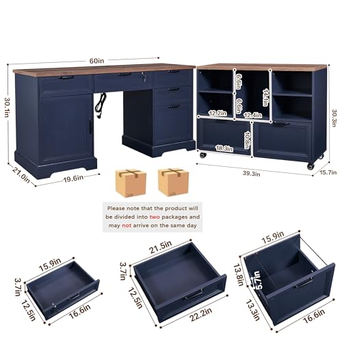 60" Farmhouse Executive Desk with 40" Mobile File Cabinet,L Shaped Desk Set with Charging Station,Office Desk with Storage Drawers,Wood Computer Desk Set for Office Work,Home Study - color: Blue