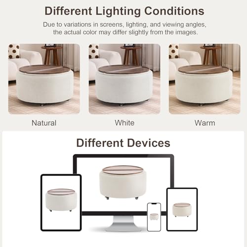 29.5" Round Storage Ottoman Coffee Table, Dual Reversible Lids, Beige | Round Ottoman Coffee Table, Swivel Casters, Hidden Storage, Dual Lift-Off Lids, Teddy Fabric, Living Room, Bedroom - color: Beige