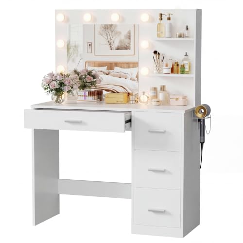 YESHOMY Vanity Desk with Mirror, LED Lights and Storage,Modern White | Makeup Vanity Table with 10 Lights, Power Outlet, 3 Color Modes, 4 Drawers and Shelves for Bedroom - color: Modern White