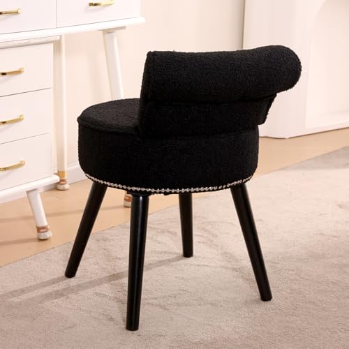 Vanity Chair with Back, Sherpa Stool with Tufted Backrest & Sliver Nailhead Trim, Round Vanity Seat for Bedroom and Bathroom Makeup, Support 220lbs, Easy Assembly (Teddy Black) - color: Sherpa Black