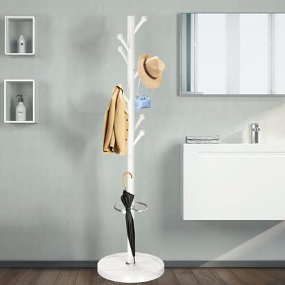 OIRUMIE Coat Rack,Metal Coat Rack Frestanding,White Coat Stand for Entryway | Coat Rack Stand with Marble Base & Umbrella Holder,Modern Coat Hanger Stand,Coat Clothes Tree Stand for Hallway - color: White-8 Hooks