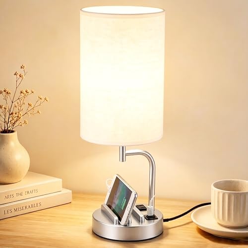 Dreamholder Touch Control USB Table Lamp with USB C/A & AC Outlet, 3-Way Dimmable Bedside Lamp, Modern Nightstand Lamps for Bedroom Living Room Guest Room Office, Bulb Included, Silver - color: Silver