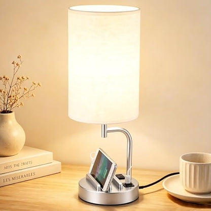 Dreamholder Touch Control USB Table Lamp with USB C/A & AC Outlet, 3-Way Dimmable Bedside Lamp, Modern Nightstand Lamps for Bedroom Living Room Guest Room Office, Bulb Included, Silver - color: Silver
