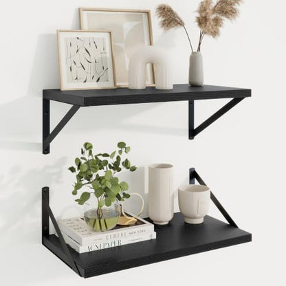 Deep Floating Shelves, 18'' x 10'' Black Wall Shelves Set of 2 | 10 Inch Deep Shelves with Heavy Duty Brackets, Rustic Wood Shelves for Bathroom Living Room, Engineered Wood, 30LBS - color: Black, size: 18W x 10D