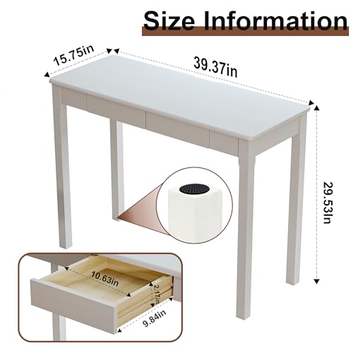 100% Solid Wood Desk with Drawers 39 Inch Small Desk | Mid Century Modern Desk Vintage Small Writing Wooden Desks for Small Spaces Bedroom, Living Room, Office - color: White, size: 39.4" x 15.7"