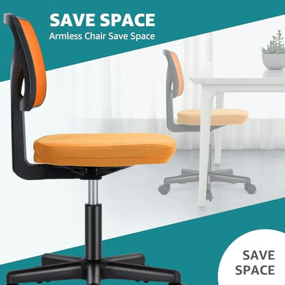 OLIXIS Armless Home Office Chair, Ergonomic Small Desk Chair | Mesh Back, Removable Washable Foam Cushion, Height Adjustable, Rolling Swivel Wheels, Small Space, Dark Orange - color: Dark Orange
