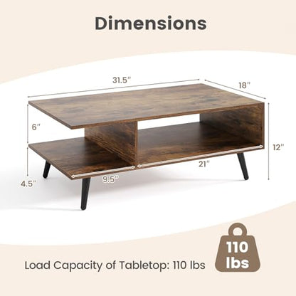 GOFLAME Wood Coffee Table, 2-Tier Mid Century Modern Center Table with 2 Open Storage Compartments & Metal Legs, Rectangular Accent Tea Tables for Living Room, Home Office, Apartment, Rustic Brown - color: Rustic Brown