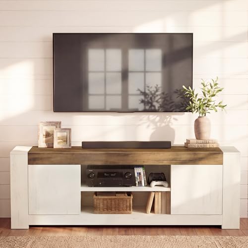 VASAGLE TV Stand, Farmhouse Entertainment Center with Storage Cabinets | Media Console Table for Living Room, Bedroom, for 80 Inch TV, Rustic White and Honey Brown ULTV624W201S - color: Rustic White + Honey Brown, size: 70"L
