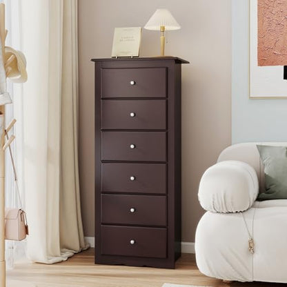 GIANTEX 6-Drawer Dresser for Bedroom, Wooden Chest of Drawers w/Metal Handles & Large Capacity, 16" D x 23.5" W x 53.5" H Clothes Organizer, Modern Tall Dresser for Bedroom, Entryway, Living Room - color: Brown