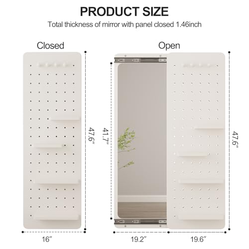 KungFuWood Full Length Mirror with Shelf and Hooks,Entry Way Mirrors for Wall,Wall Mirror with Shelf,Wall Mirror with Storage Multifunctional Design Panel,Living Room - color: White, size: 52.4"L x 19"W