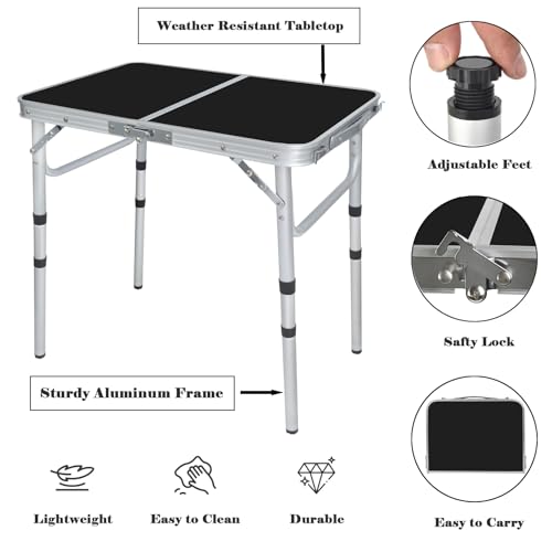 Portable Camping Table, Adjustable Height Aluminum Folding Table, Lightweight & Compact, Outdoor Picnic Table for Camping, Hiking, Beach, BBQ, Travel - color: Black