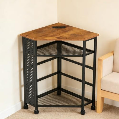 Corner Table with Charging Station, 3-Tier Corner Shelf Stand with Metal DIY Panel, Rolling Storage Table on Detachable Wheels for Kitchen, Living Room, Small Space, Rustic Brown