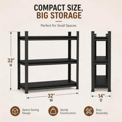 3 Shelf Bookcase, 32" W x 14" D x 32" H Narrow Metal Bookcase for Small Spaces, Black Small Bookshelf, Industrial Standing Storage Shelves for Living Room, Bedroom & Home Office - size: 3 Tier-32"Wx 14"Dx 32"H