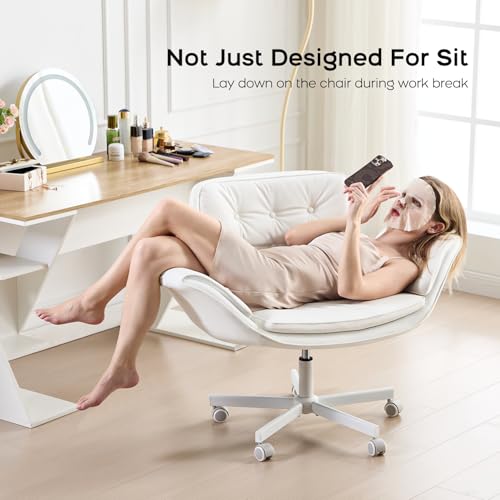 amseatec Criss Cross Office Chair, Swivel Makeup Vanity Chair with Wheels | Wide PU seat supports cross-legged, fidget-friendly sitting; 5-level armrests create pet space; wipe-clean finish eases care - color: White