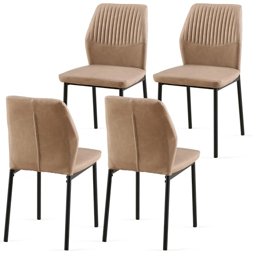 PU Leather Dining Chairs Set of 4, Mid-Century Modern Beige Leather Kitchen Chairs, Armless Dining Room Chairs with Black Metal Legs for Dining Room, Living Room - color: Beige, size: 4 chairs