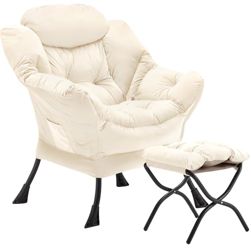 Youtanic Lazy Chair with Folding Ottoman, Accent Chair Velvet Upholstered with Metal Structure and Non-Slip Pads, Sofa Armchair with Footrest and Side Storage Bag for Dorm, Room, Office, Beige - color: Beige