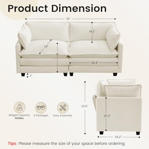ROWHY Modular Loveseat Sectional Sofa, 78" Upholstered Loveseat, 2 Deep Seat Sofa Couch with 2 Throw Pillows for Small Space, Modern Comfy Cloud Couch for Living Room, Chenille, Beige - color: Chenille Beige, size: 2 Seats Loveseat