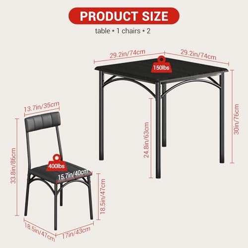 GarveeLife 3-Piece Dining Table Set for 2, Square Kitchen Table & Chairs | Upholstered, Space-Saving Square Kitchen Table Set, Compact Dining Room Furniture for Apartment, Studio - color: Black