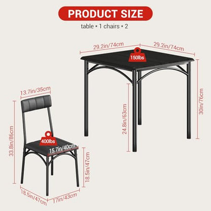GarveeLife 3-Piece Dining Table Set for 2, Square Kitchen Table & Chairs | Upholstered, Space-Saving Square Kitchen Table Set, Compact Dining Room Furniture for Apartment, Studio - color: Black