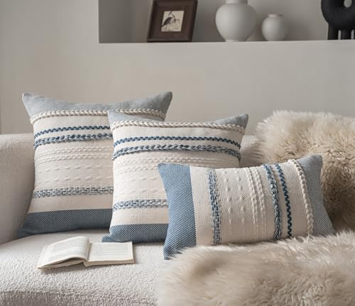 Cethom Boho Throw Pillow Covers 20x20 Inch Set of 2, Blue Textured Decorative Couch Pillow Cases for Farmhouse Home Decor, Accent Cushion Cover for Sofa, Bed, Living Room, Bedroom - color: Blue, size: 20" x 20" (Pack of 2)