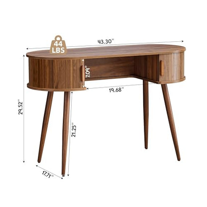43" Wood Writing Desk, Laptop Desk with Storage, Vanity Table Study Desk | Mid-Century Writing Desk, Walnut Laptop Desk with Storage, Fluted Vanity Table Desk for Office, Bedroom, Study Room - color: Walnut-43 Inch