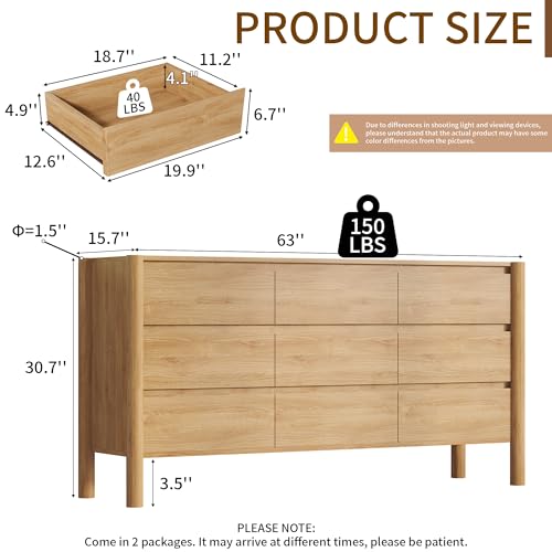 CHUWELL 63" Wide Oak 9 Drawer Dresser for Bedroom with Solid Wood Legs | Mid Century Modern Chest of Drawers with Hidden Handles , Large Wood Storage Dresser for Bedroom - color: Oak, size: 15.7"D x 63"W x 30.7"H (9 Drawers)