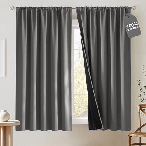 NICETOWN 100% Blackout Curtains 63 inch Length, Rod Pocket Thermal Curtains Room Darkening Window Treatment for Living Room, Grey, W52 x L63, 2 Panels - color: Grey, size: 52"W x 63"L (Pack of 2)