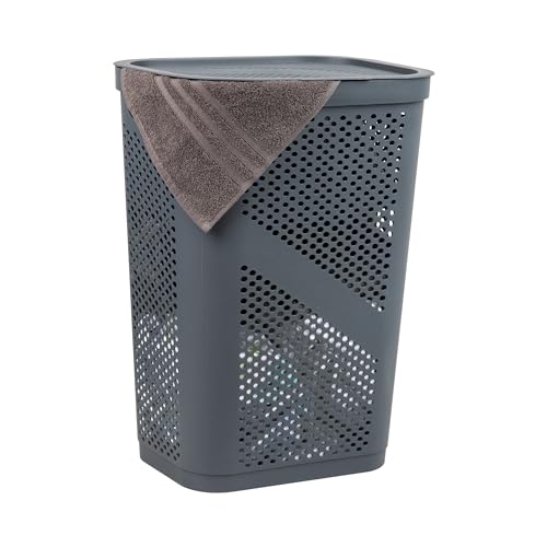 Mind Reader Slim Laundry Hamper with Lid, 60L Clothes Basket, Ventilated Plastic, Gray - color: Gray, size: Single