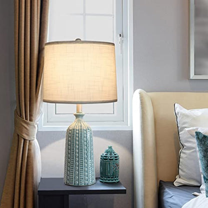 JUNNAI Green Ceramic Table Lamp 24.5": 3-Way Dimmable Nightstand Lamp with White Drum Lamp Shade | Modern Bedside Lamp for Bedrooms & Living Room (Bulb Included) - color: Blue Green