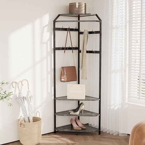 IDEALHOUSE Grey Hall Tree with 6 Double Hooks，Entryway Storage Bench with Shelf, Corner Coat Rack with Shoe Bench，Wooden Hanger Stand for Jackets Hats and Shoes - color: Stone Grey