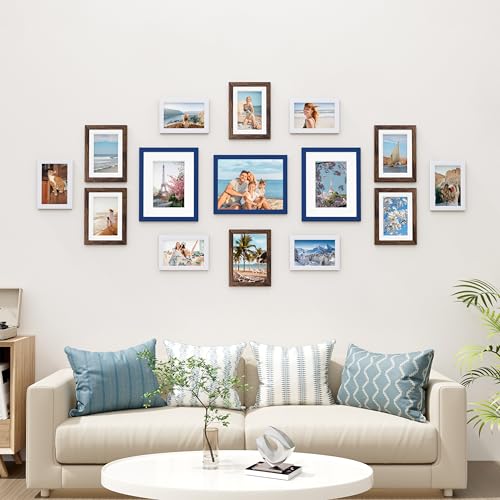 Vittanly 15 Pack Gallery Wall Frame Set, Blue, Brown, White | Picture Frames Collage Wall Decor: 3pcs 8x10, 6pcs 5x7, 6pcs 4x6. Picture Frame Set for Wall or Tabletop Display - color: Blue & Brown & White