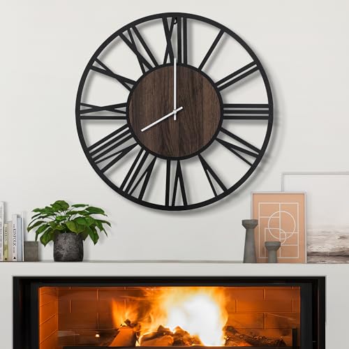 LEIKE Large Wall Clocks,Silent,Non Ticking,Battery Operated Small Vintage Round Modern Wood Wall Clock for Living Room, Bedroom,Kitchen,Farmhouse,Office Decor-13.5 Inch(Black-Roman Numerals) - color: Black Wood-roman Number, size: 13.5 IN