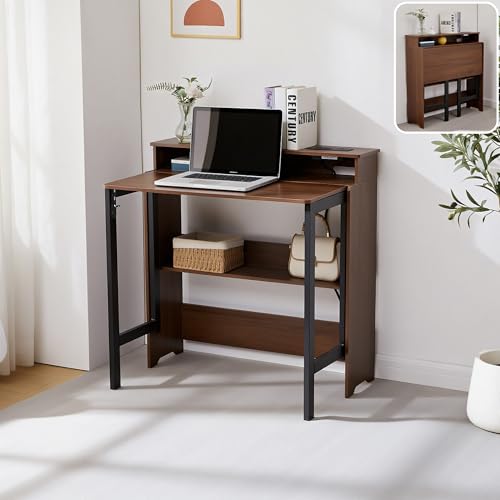 Fold Out Desk with Charging Station, Folding Desk with Monitor Stand,Storage Shelf,Small Foldable Desk for Compact Home Office Spaces - color: Walnut