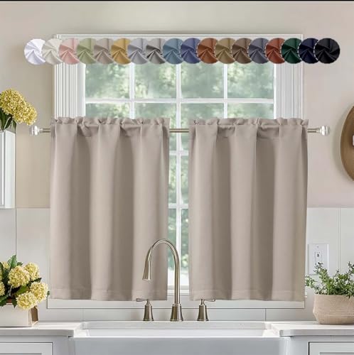 Aiyufeng Stone Short 36 Inches Blackout Curtain 2 Panels Set, Half Window Rod Pocket Privacy Curtain Tiers for Kitchen, Curtains Blackout for Bathroom Shades, W40 x L36 Inch, Stone - color: Stone, size: 40"W x 36"L (Pack of 2)