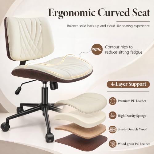 Armless Office Chair, Small Comfy Leather Desk Chair with Wheels | PU Leather, Adjustable Height, Swivel Rolling, Mid Back Computer Chair, Home Bedroom Meeting Room, Beige - color: Beige