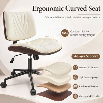 Armless Office Chair, Small Comfy Leather Desk Chair with Wheels | PU Leather, Adjustable Height, Swivel Rolling, Mid Back Computer Chair, Home Bedroom Meeting Room, Beige - color: Beige