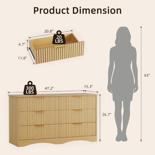 YESHOMY Bedroom Dresser, 47.2" Fluted Wood Dressers, 6 Drawer Dresser | Modern Chest of Drawers, Storage Organizer, Anti-Tip, Metal Handle, TV Stand for Living Room - color: Natural