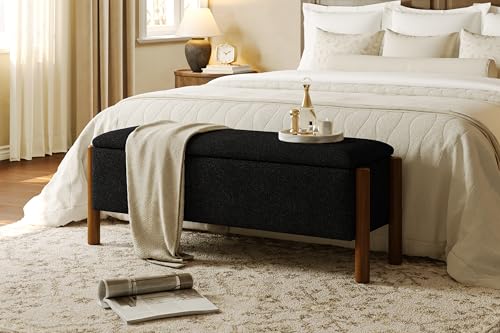 Modern Storage Benches with Walnut Wood Legs, 47'' Ottoman Bench with 20 Gallons Storage Space for Bedroom End of Bed, Fabric Upholstered Entryway Bench with Seating for Livingroom, Black - color: Black