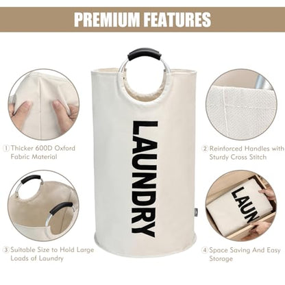 DOKEHOM 90L Large Laundry Basket Bag, Collapsible Tall Hamper, Beige | Freestanding tall washing bin & foldable laundry bag. High-capacity clothes storage basket with durable sturdy handles - color: Beige, size: 90L