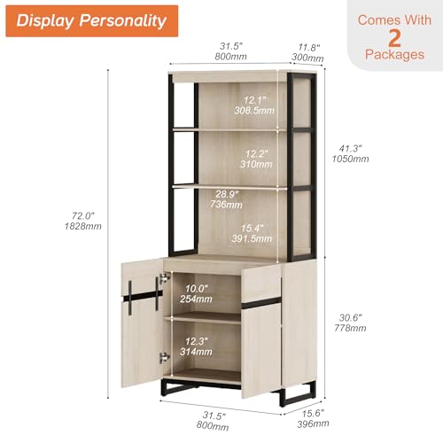 WAMPAT Modern 72" Tall Bookshelf with Metal Base and Adjustable Shelves, Library Bookcase with Storage Cabinet and Open Book Shelfs, Wood Book Shelf for Home Office, Living Room, Beige - color: Beige-a, size: 1 PCS