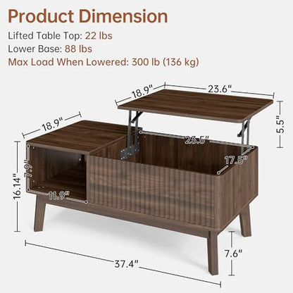 Fluted Lift Top Coffee Table with Storage Shelf and Hidden Compartment, Mid Century Modern Wooden Center Table for Living Room, Home Office, Walnut - color: Walnut Rectangle